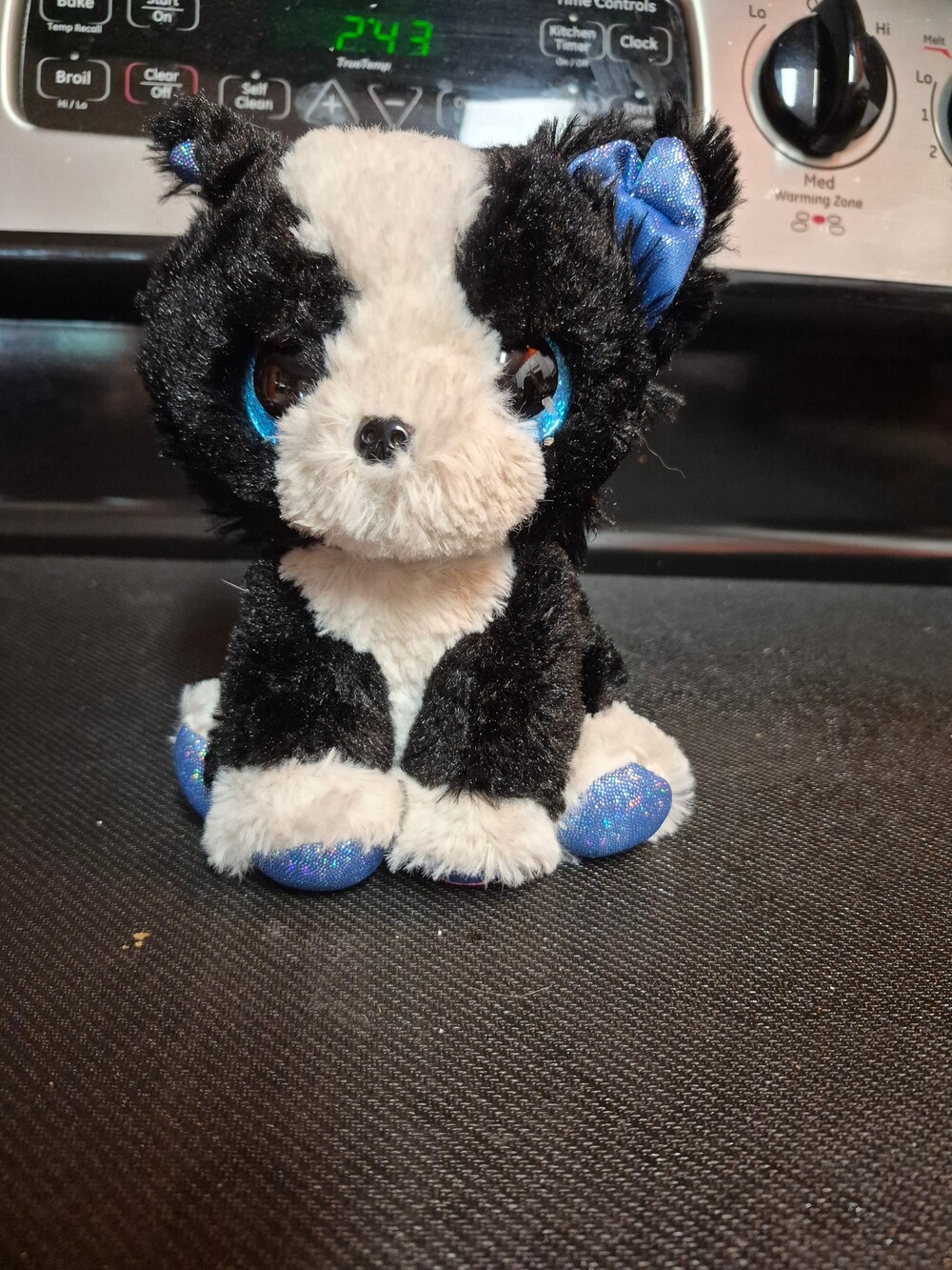 Black and White Plush Dog with Blue Sparkly Ears and Paws Soft Stuffed Animal